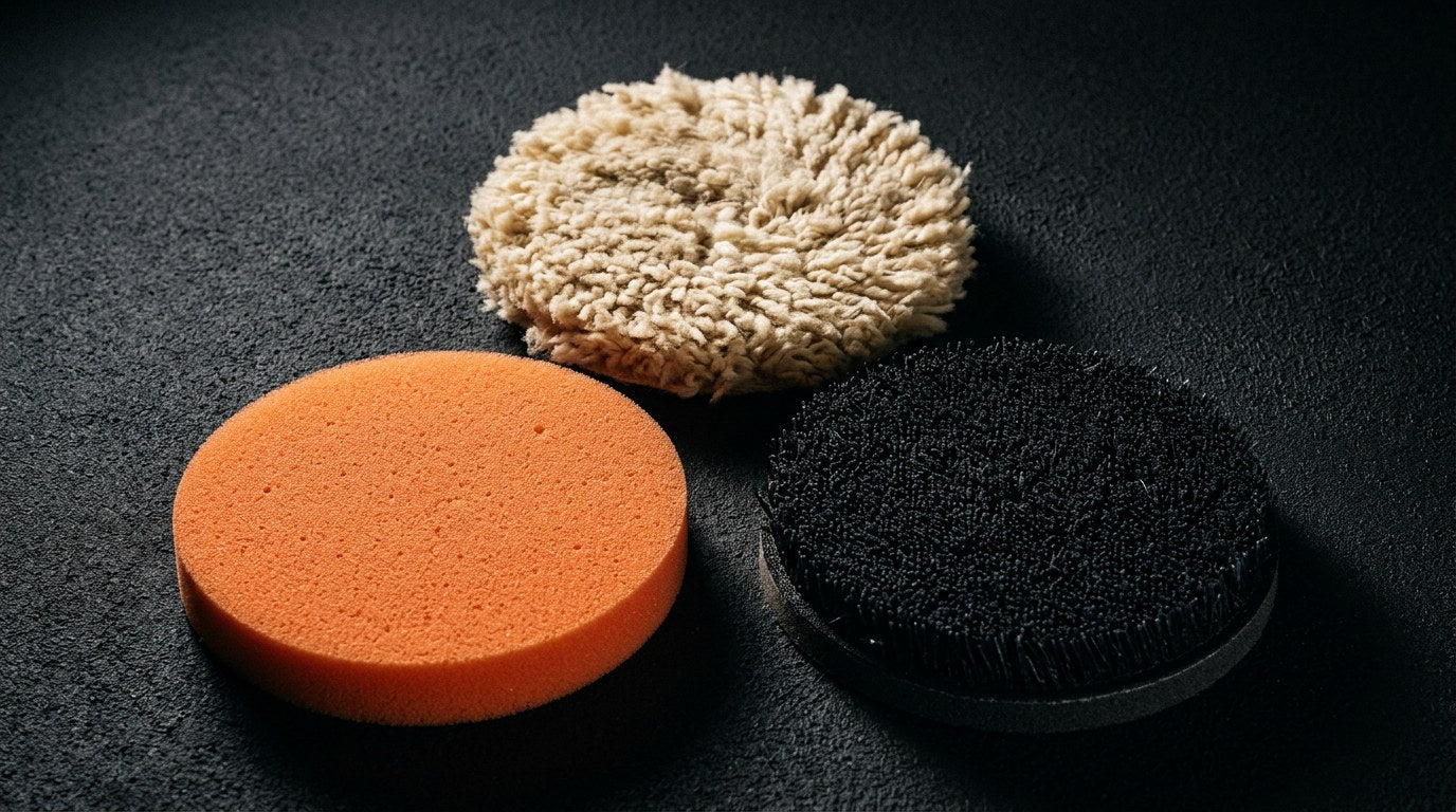 Wool foam and microfiber polishing pads compared side by side for paint correction