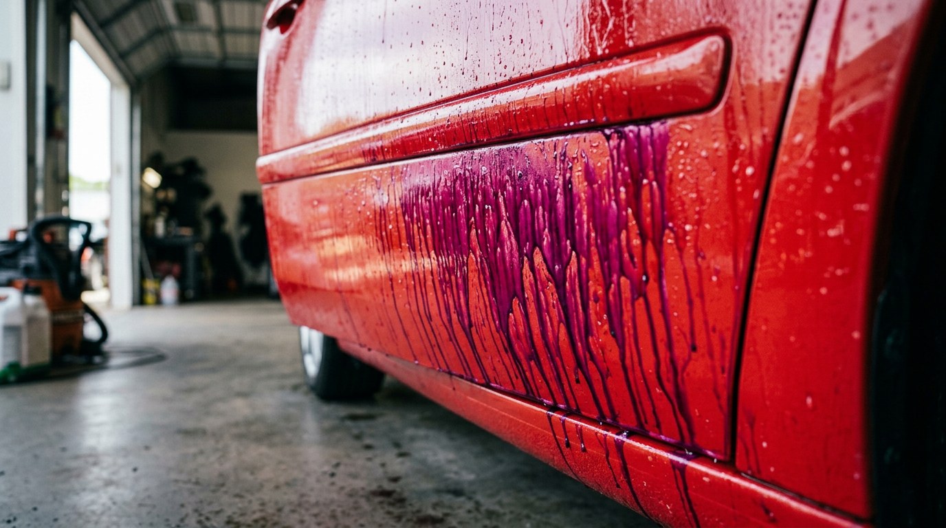 Iron remover spray reacting into dramatic bleeding purple streaks running down a red car lower rocker panel showing brake dust and iron fallout contamination during paint decontamination