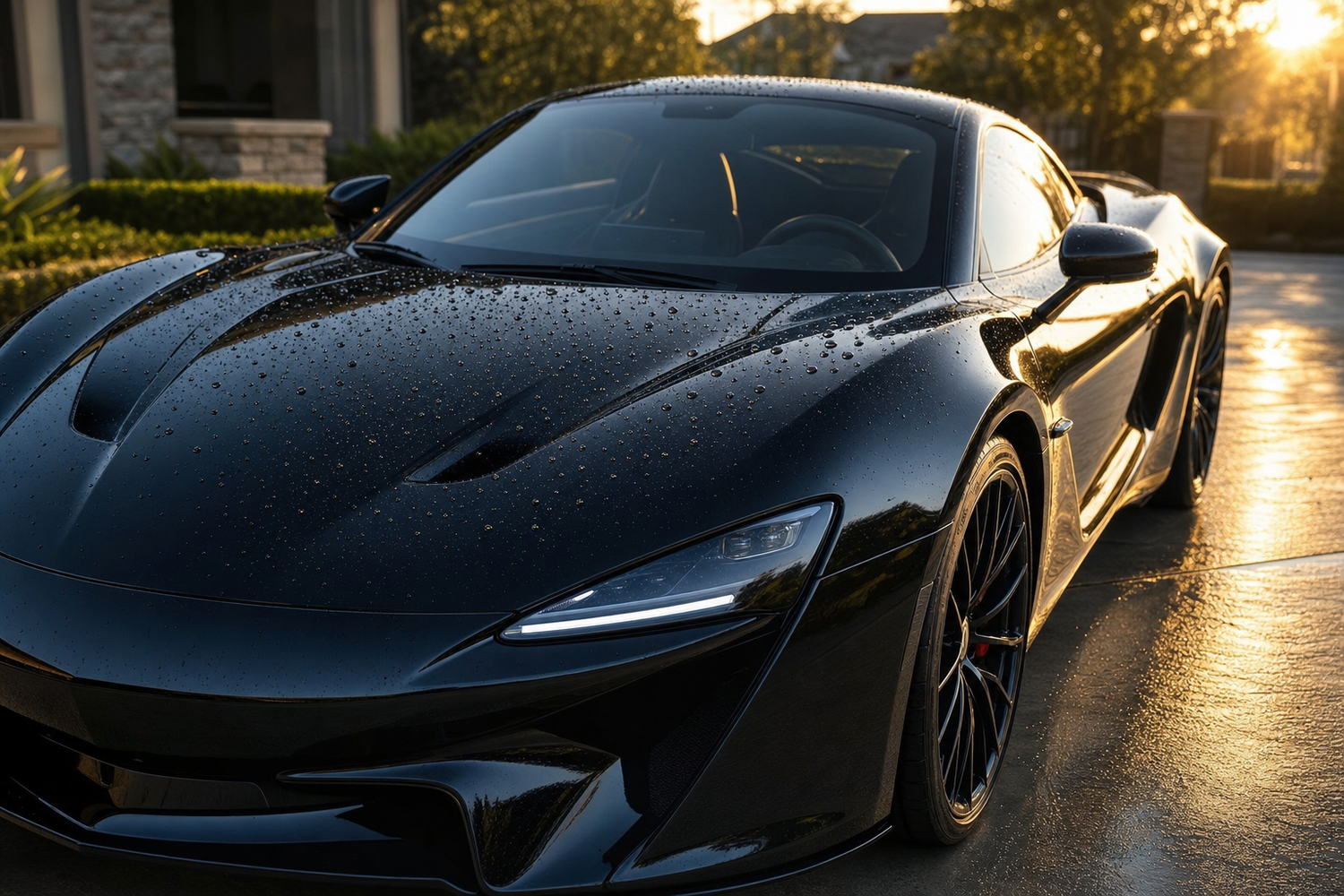 Gleaming black sports car with ceramic coating water beading on hood at golden hour