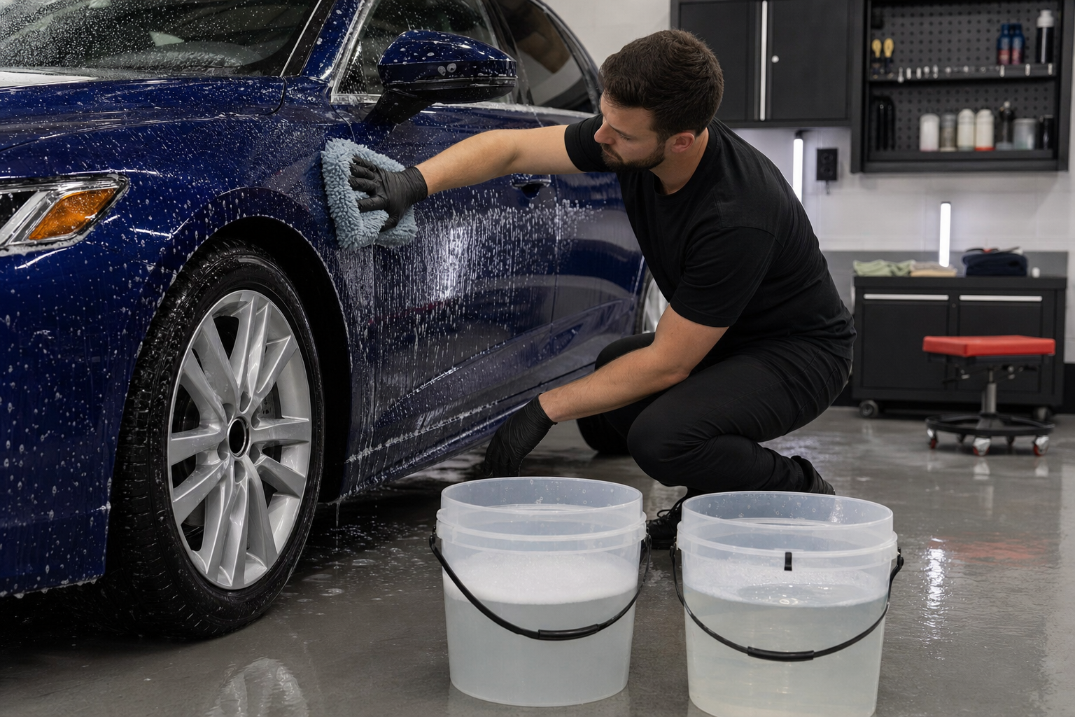 Detailer washing dark blue car with two-bucket method and microfiber mitt in garage