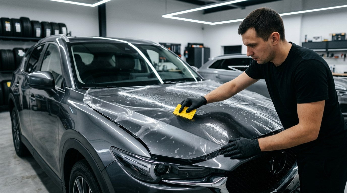 Detailer using yellow squeegee to install clear paint protection film on the hood of a dark grey crossover SUV in a detailing studio