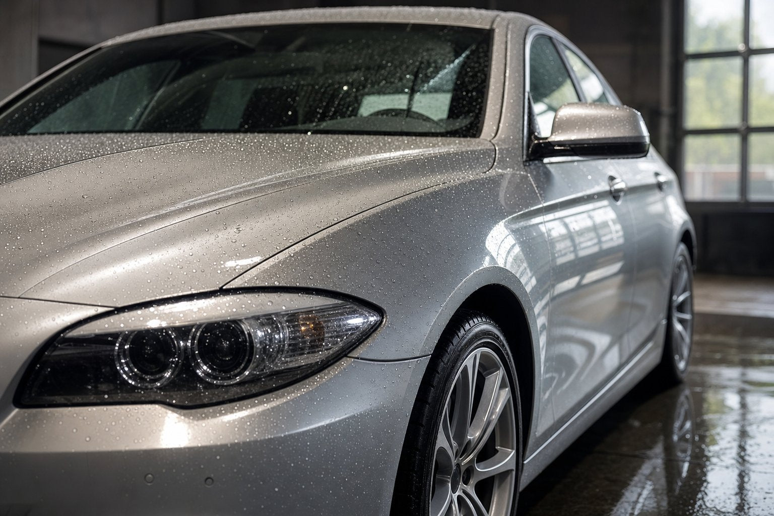 Freshly decontaminated silver luxury sedan with water beading on mirror-perfect paint before ceramic coating application