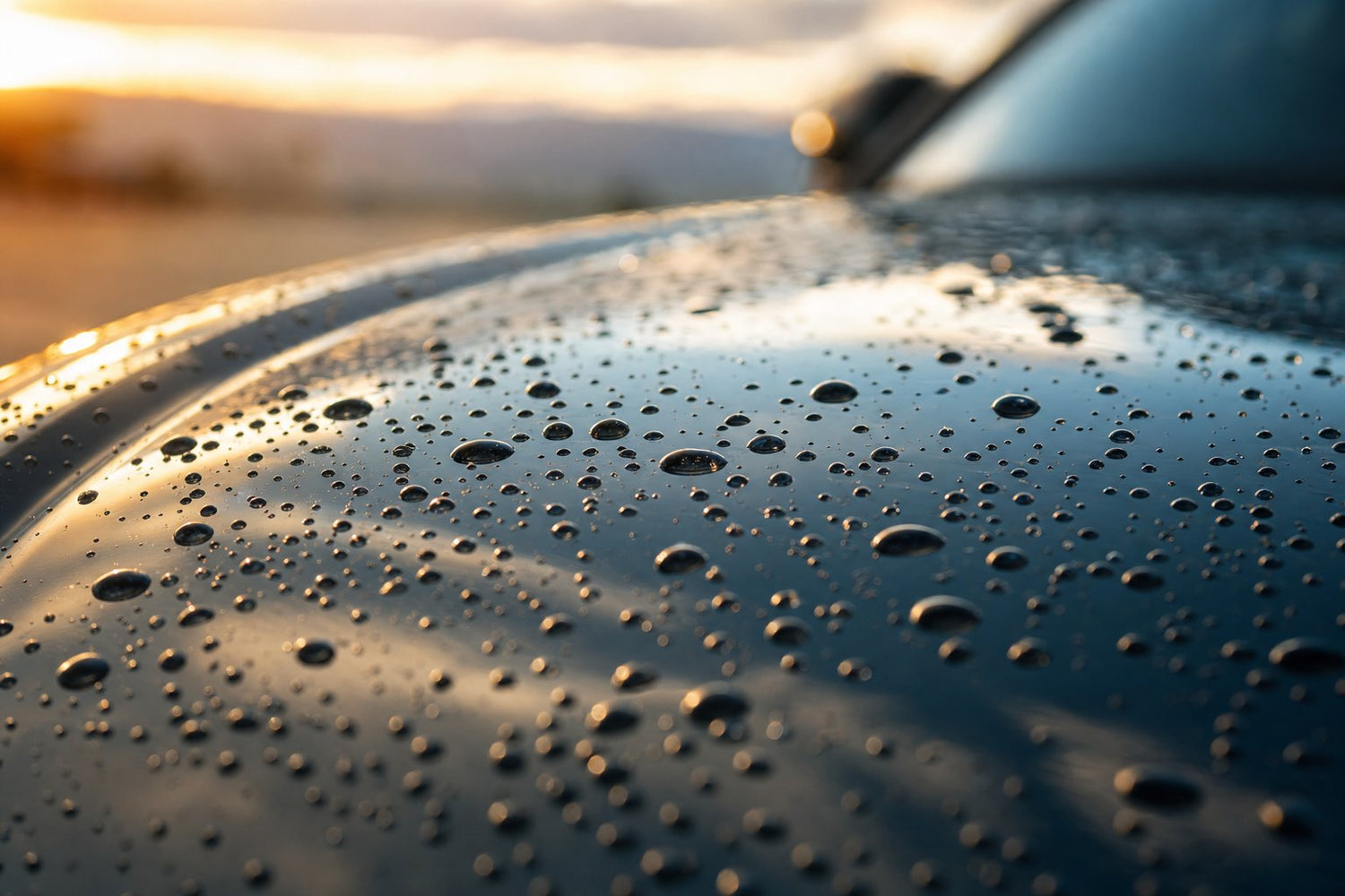Water beading on a glossy black car hood at golden hour after a hydrophobic quick detailer spray application