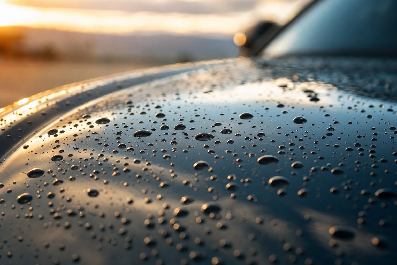 Water beading on a glossy black car hood at golden hour after a hydrophobic quick detailer spray application