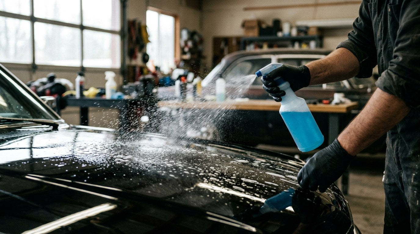 Detailer spraying rinseless wash solution onto a glossy black car hood in a garage