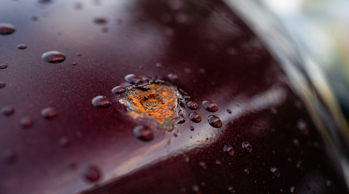Small rock chip on glossy car paint with orange surface rust forming inside the exposed metal — the classic case where you need to remove rust from car paint before it spreads under adjacent paint