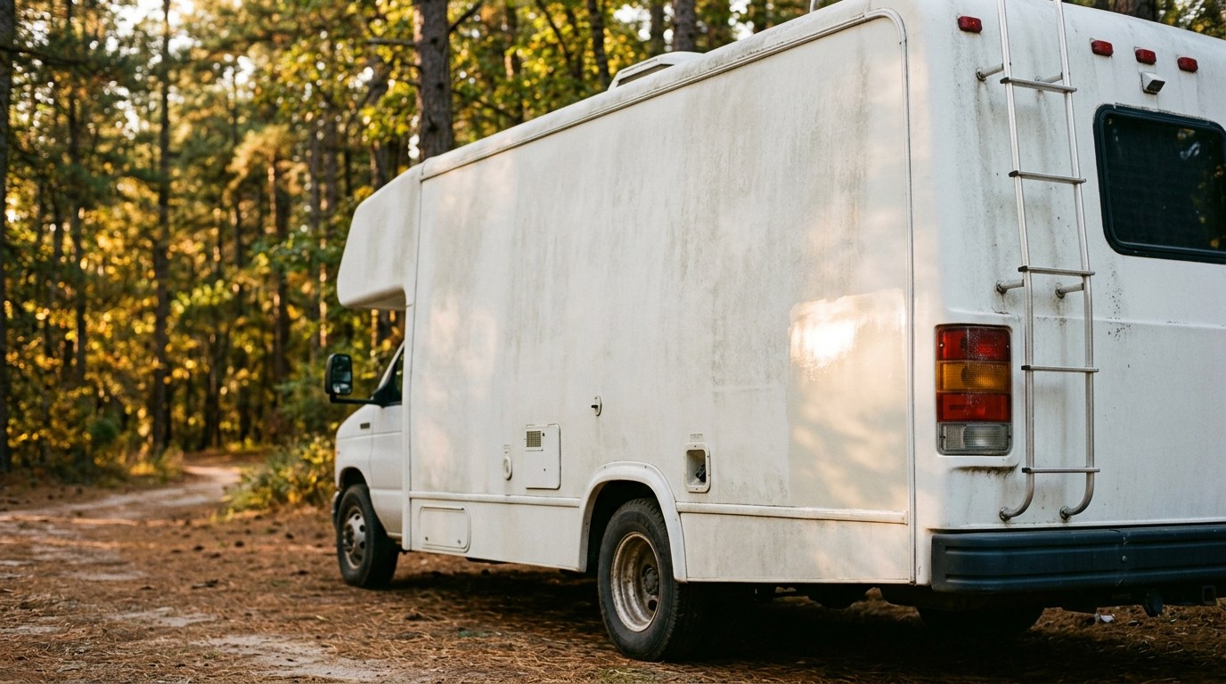 White Class C motorhome parked at a forest campsite showing chalky UV oxidation on the fiberglass sidewall next to a small polished patch