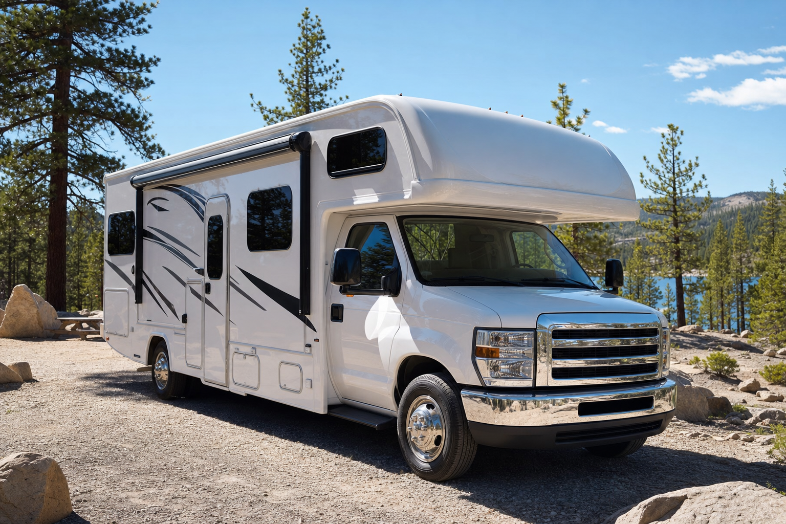 Clean white RV motorhome parked at a scenic campsite with a glossy fiberglass exterior in sunlight
