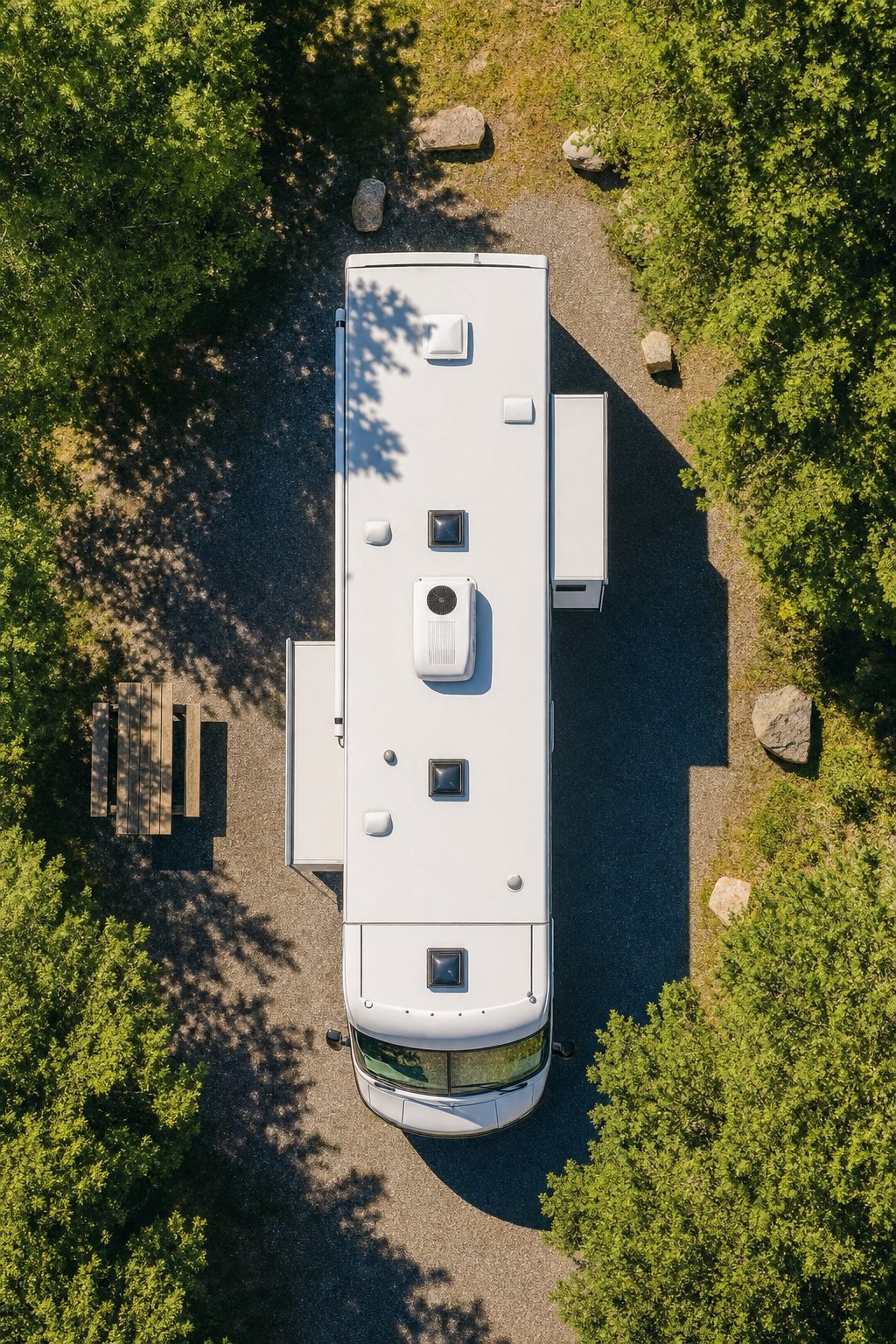 Aerial top-down view of RV roof at campsite showing vents air conditioner and skylights on white roof