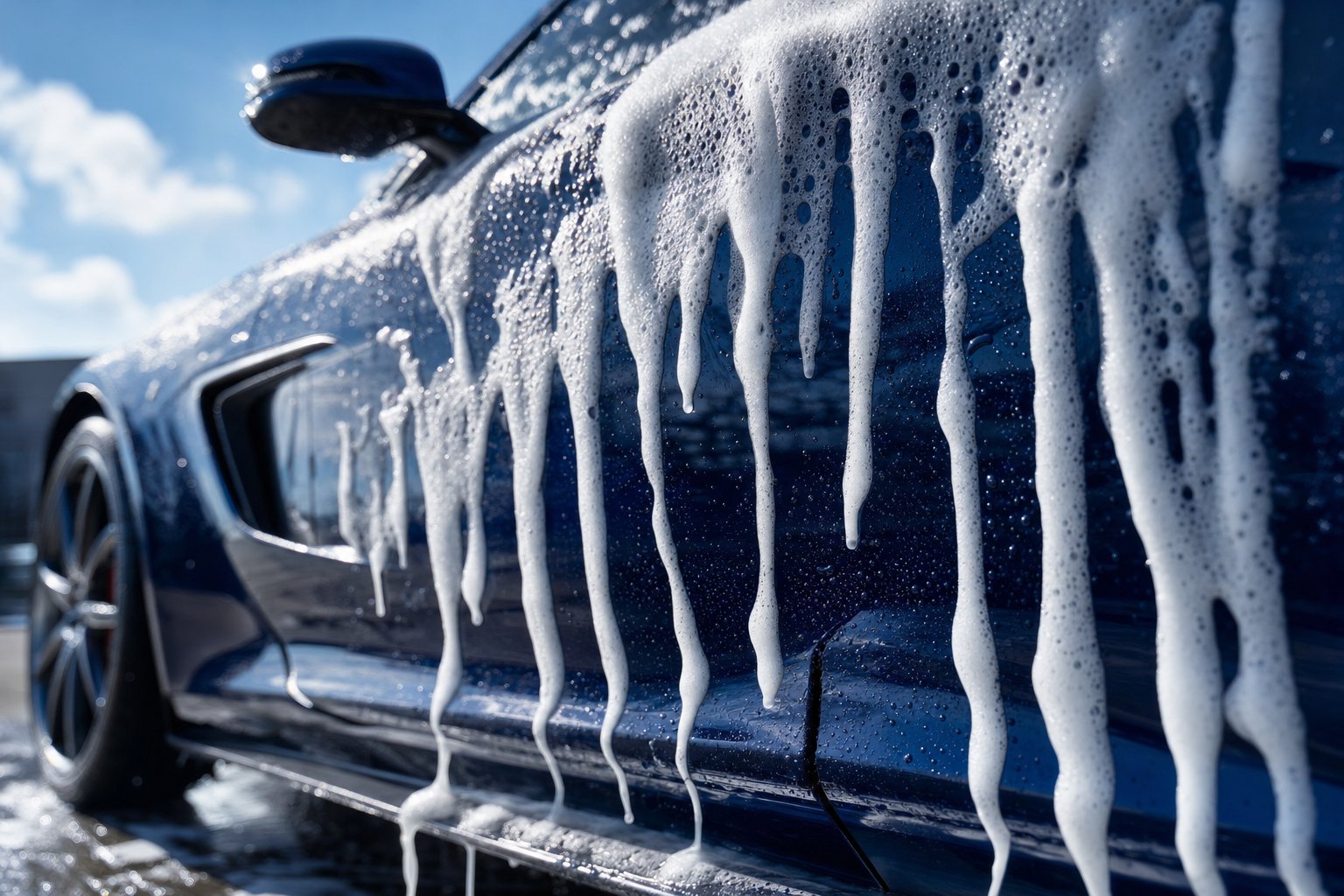 Thick foam suds cascading down a glossy dark blue sports car during a ceramic-safe car wash