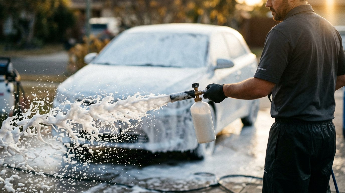 Detailer spraying thick white foam from a foam cannon over a foam-covered car during a two-bucket wash with Undrdog Soap