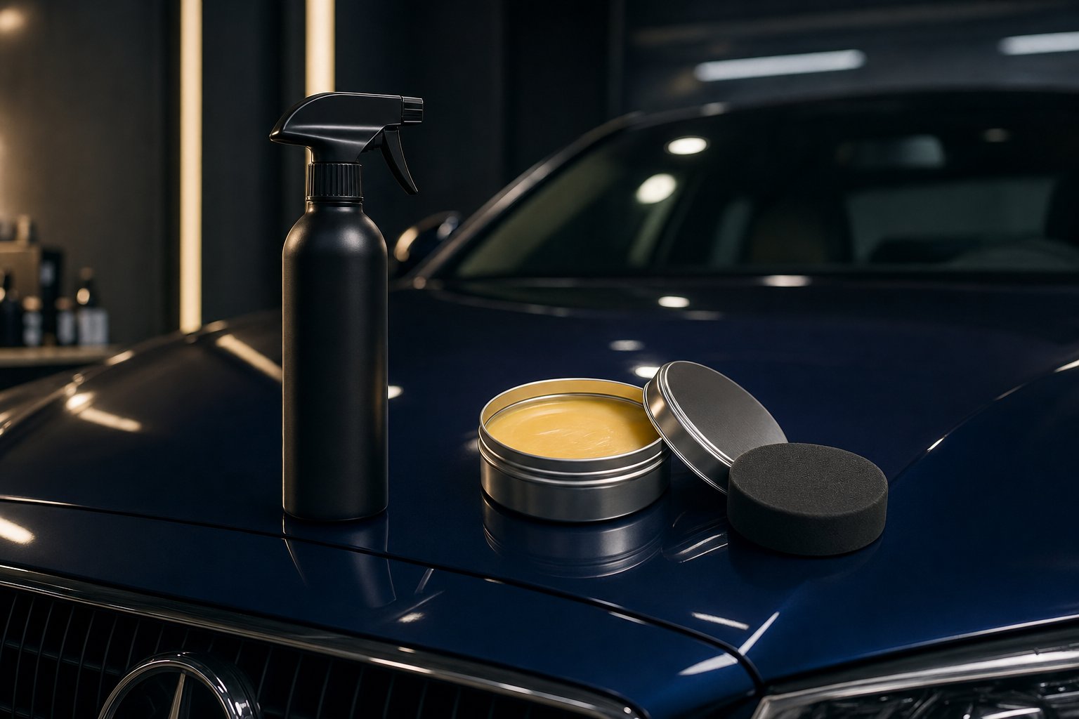 Spray sealant bottle next to yellow paste wax tin and foam applicator on dark blue car hood
