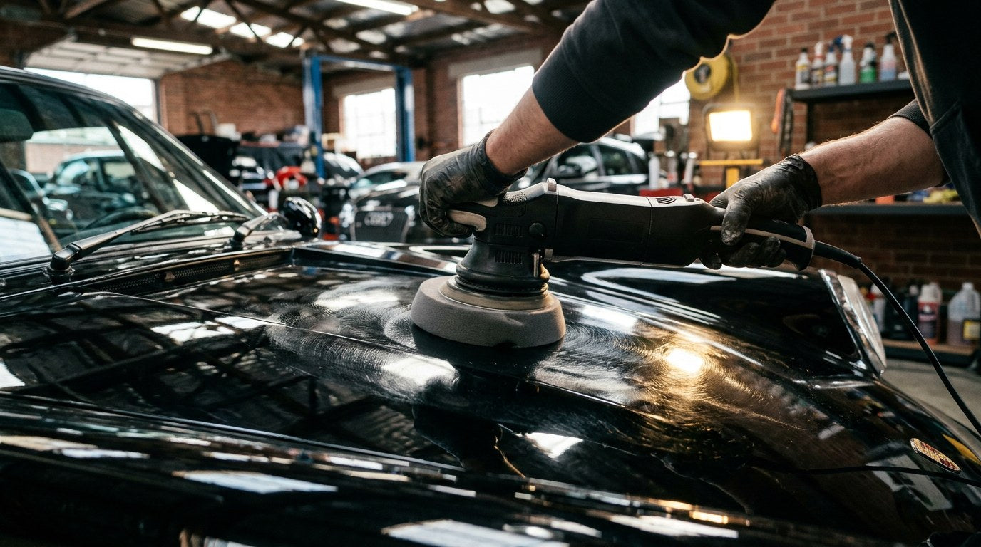 Detailer using dual action polisher with gray foam pad on a black car hood to remove swirl marks