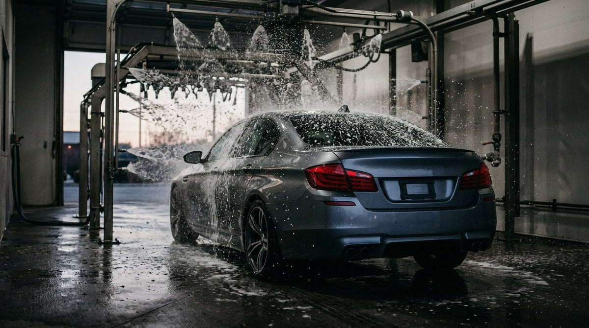 Touchless car wash vs hand wash: sedan under high-pressure spray arcs in a touchless automatic wash bay