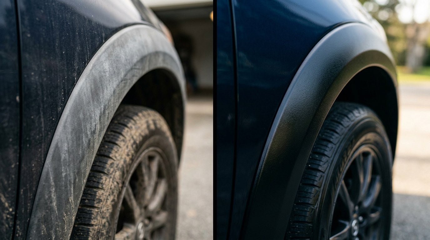 Side-by-side comparison of severely faded chalky grey plastic fender flare trim next to fully restored deep glossy black trim