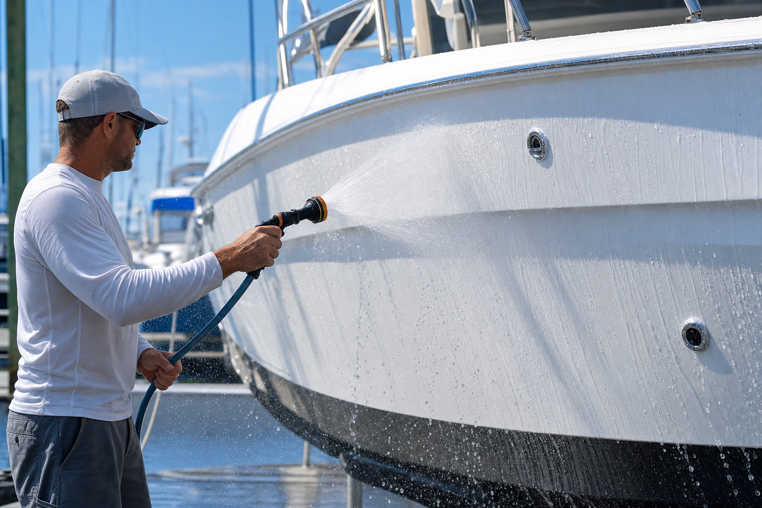 Rinsing a white fiberglass boat hull with fresh water at a marina to prevent saltwater oxidation
