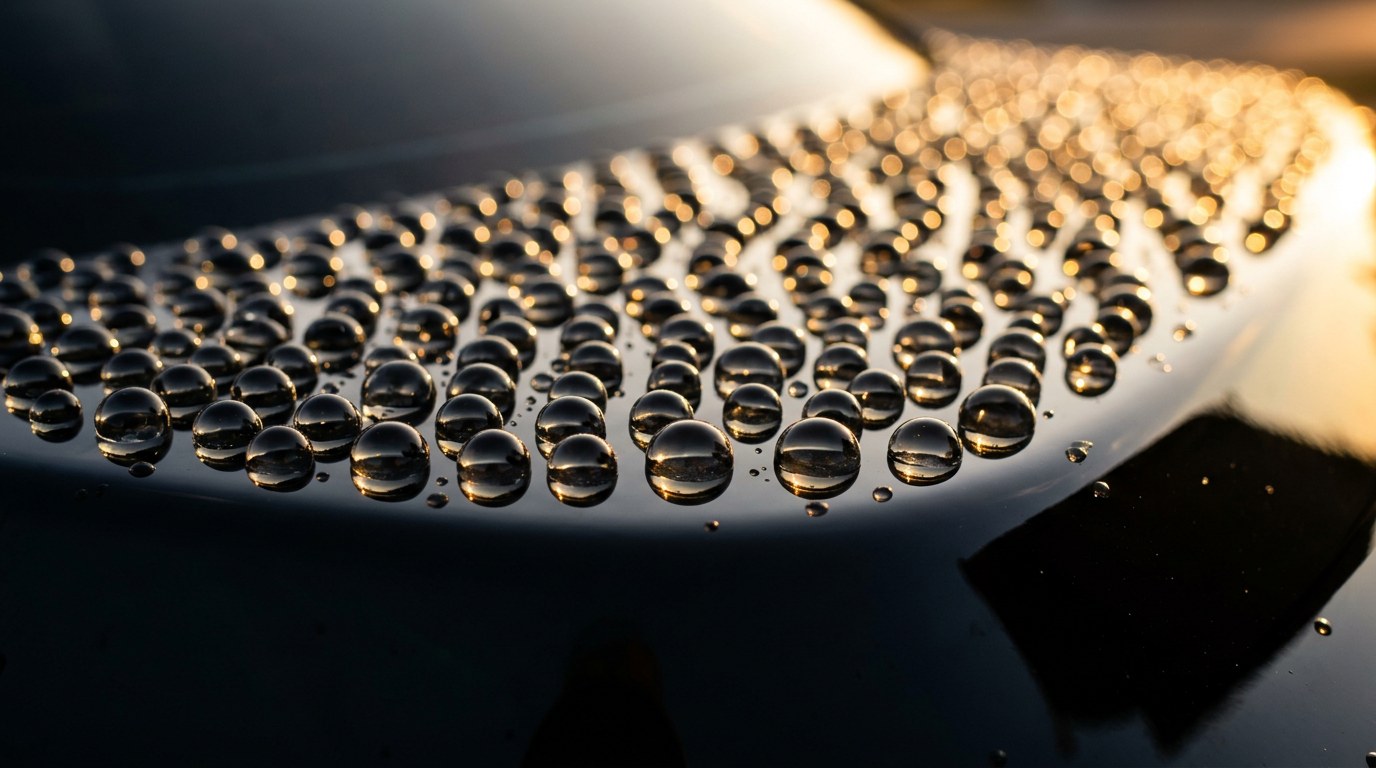 Tight round water beads catching golden hour light on glossy black paint after Undrdog Pro ceramic coating application