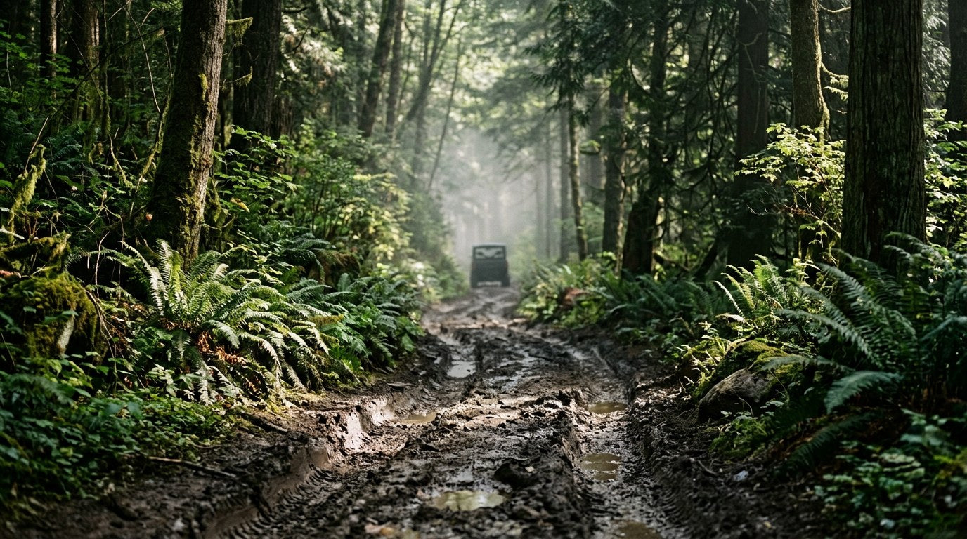 Muddy off-road forest trail with tire tracks and a distant UTV silhouette in dappled sunlight