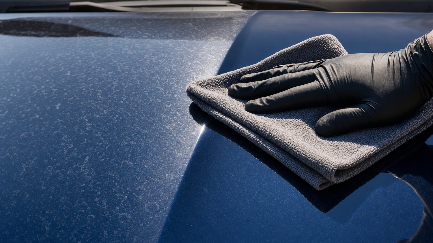Gloved hand wiping hard-water mineral spots off a dark blue car hood with a microfiber towel