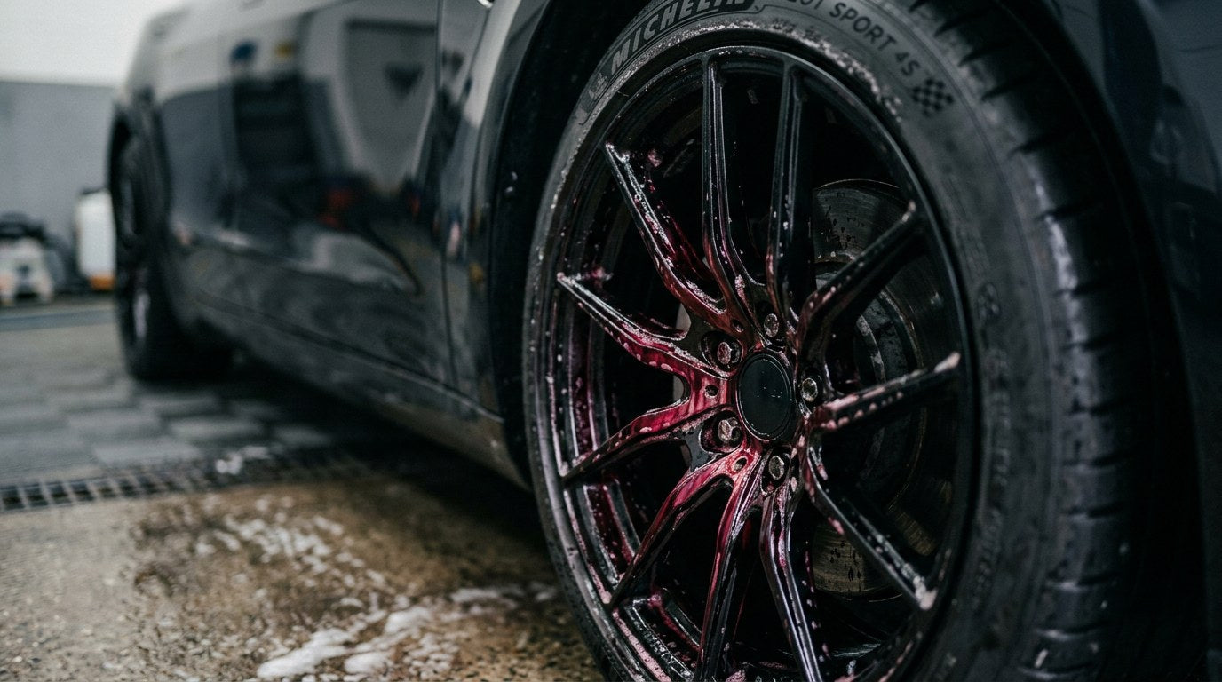 Iron fallout wheel cleaner bleeding red on a black alloy wheel showing brake dust chemical reaction
