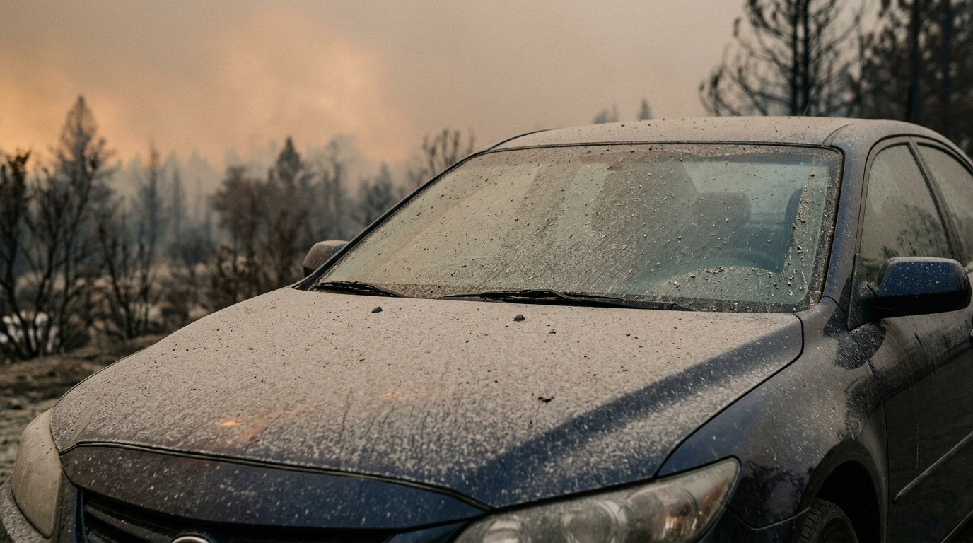 Car covered in wildfire ash outdoors with smoky sky needing safe paint decontamination
