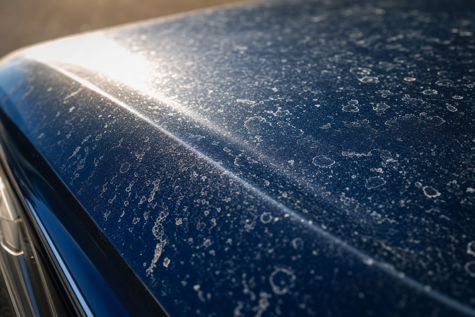 Hard water spots and mineral deposits on dark metallic blue car hood in sunlight
