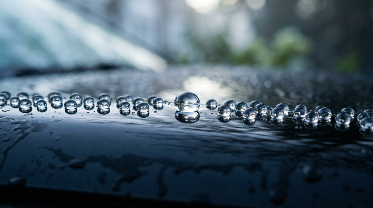 Tight round water droplets beading on a glossy black car hood showing a high water contact angle