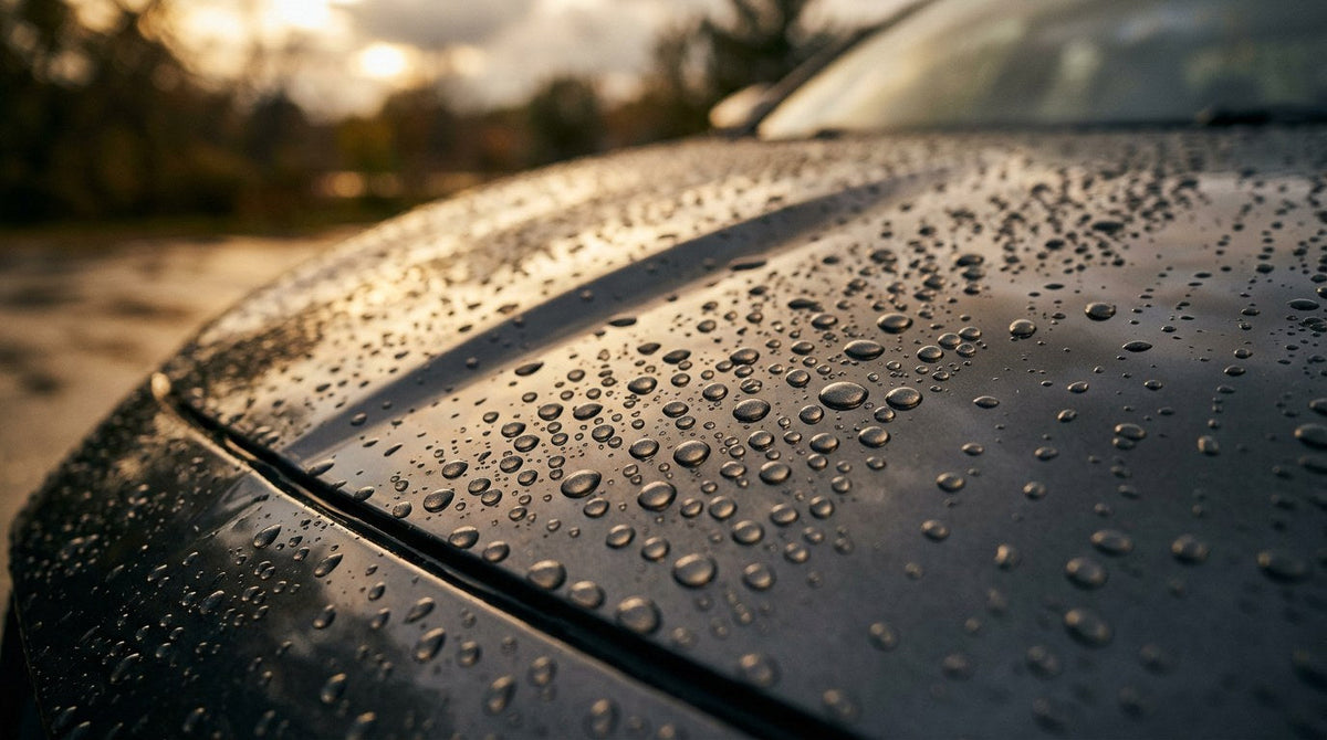 Water beading on a coated car hood at dusk, illustrating how long ceramic coating really lasts