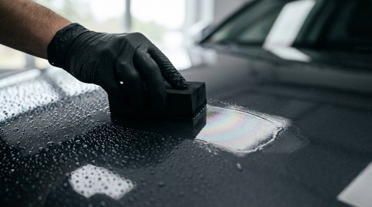 Gloved hand leveling a clear hybrid ceramic coating on a dark hood, showing the flash sheen next to cured water beading
