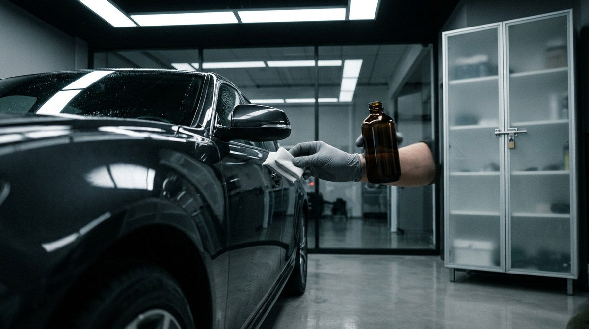 Gloved hand applying an unlabeled ceramic coating in a professional detailing bay beside a locked cabinet, illustrating installer-only ceramic coating programs