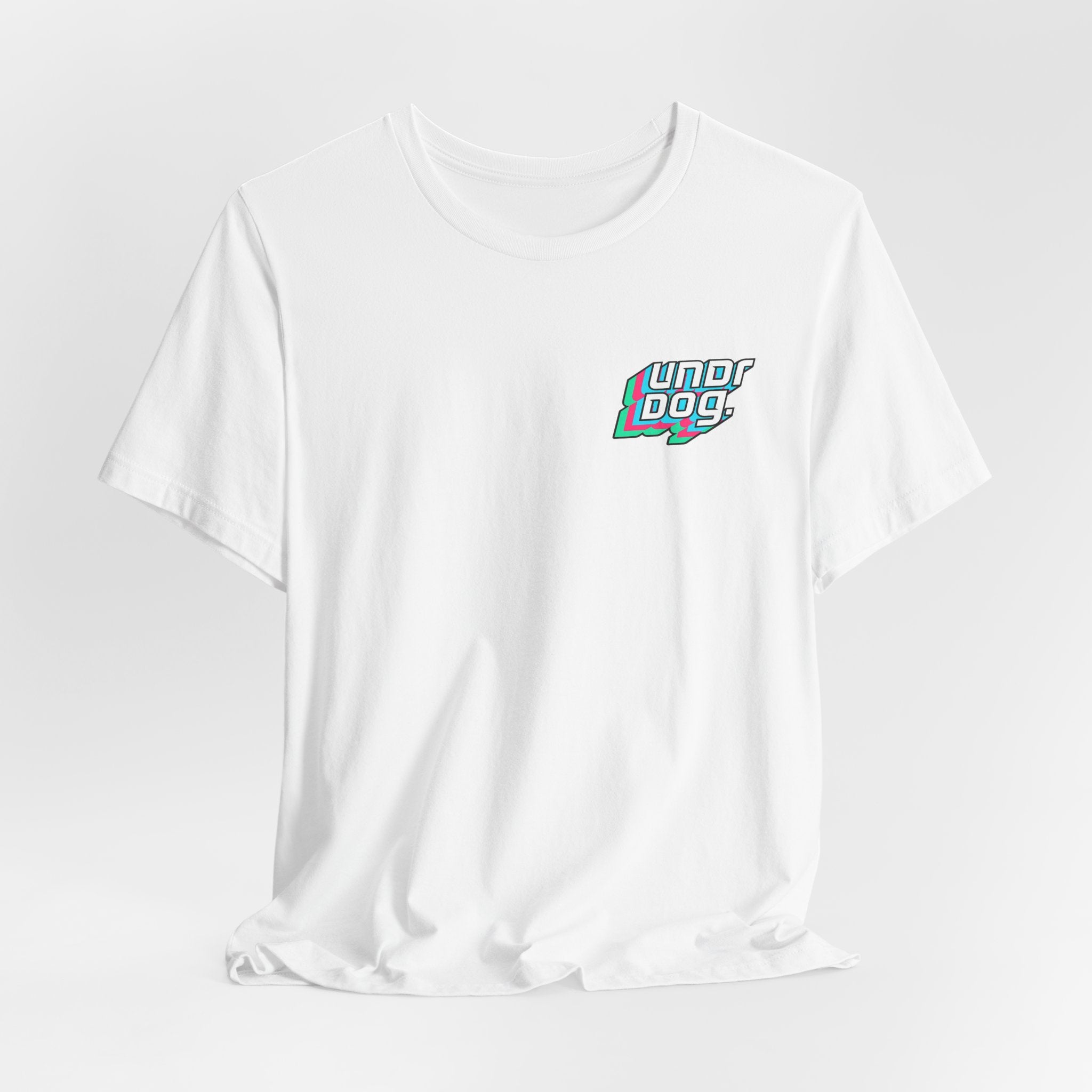 The See Yourself In It Retro Sportscar Tee by Printify features a small, colorful "undr dogs" logo on the left chest—a great pick for synthwave tee enthusiasts and vintage car art fans.