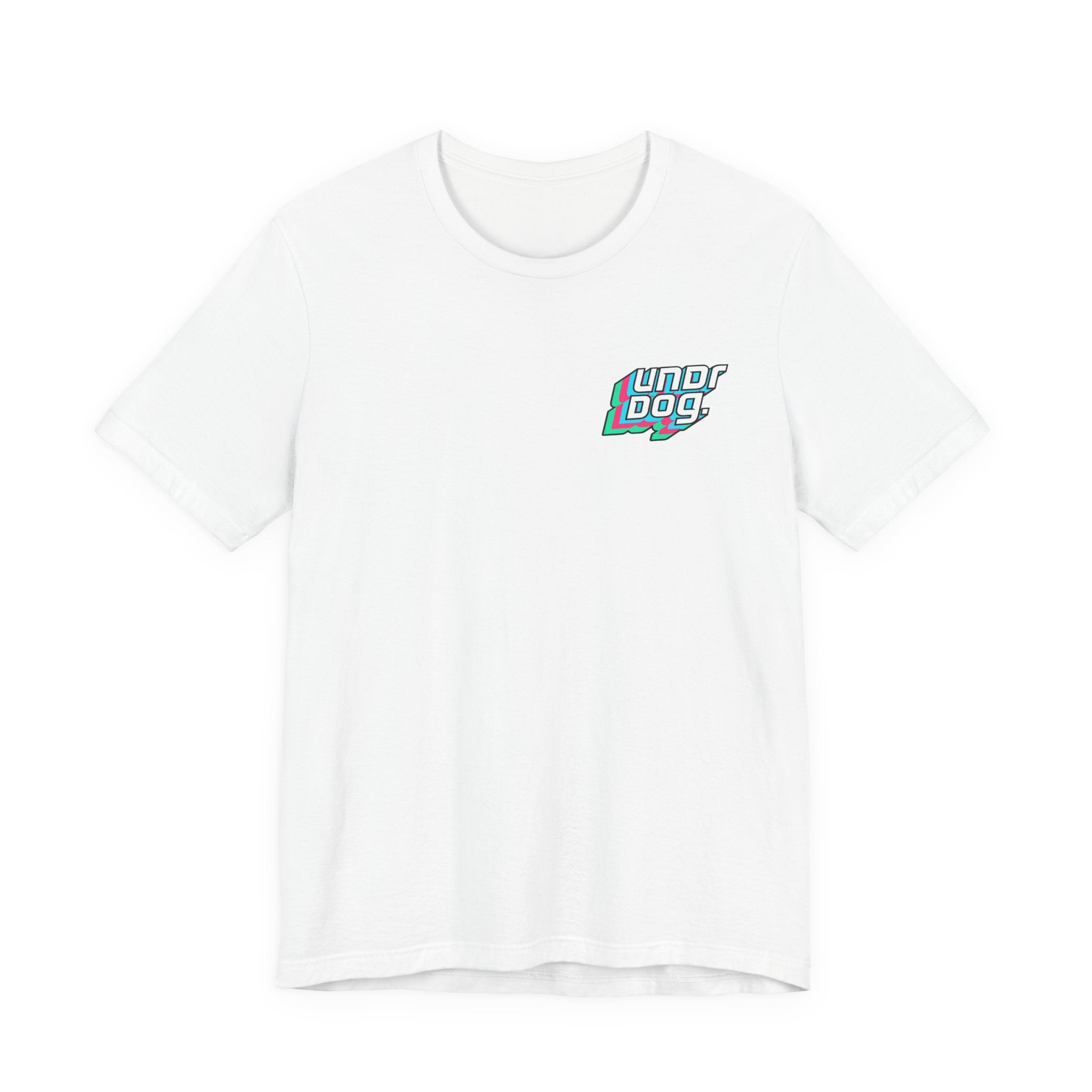 The See Yourself In It Retro Sportscar Tee by Printify is a plain white shirt with a small, colorful "Underdogs" logo on the upper left chest, featuring a classic crew neck and short sleeves for retro style.