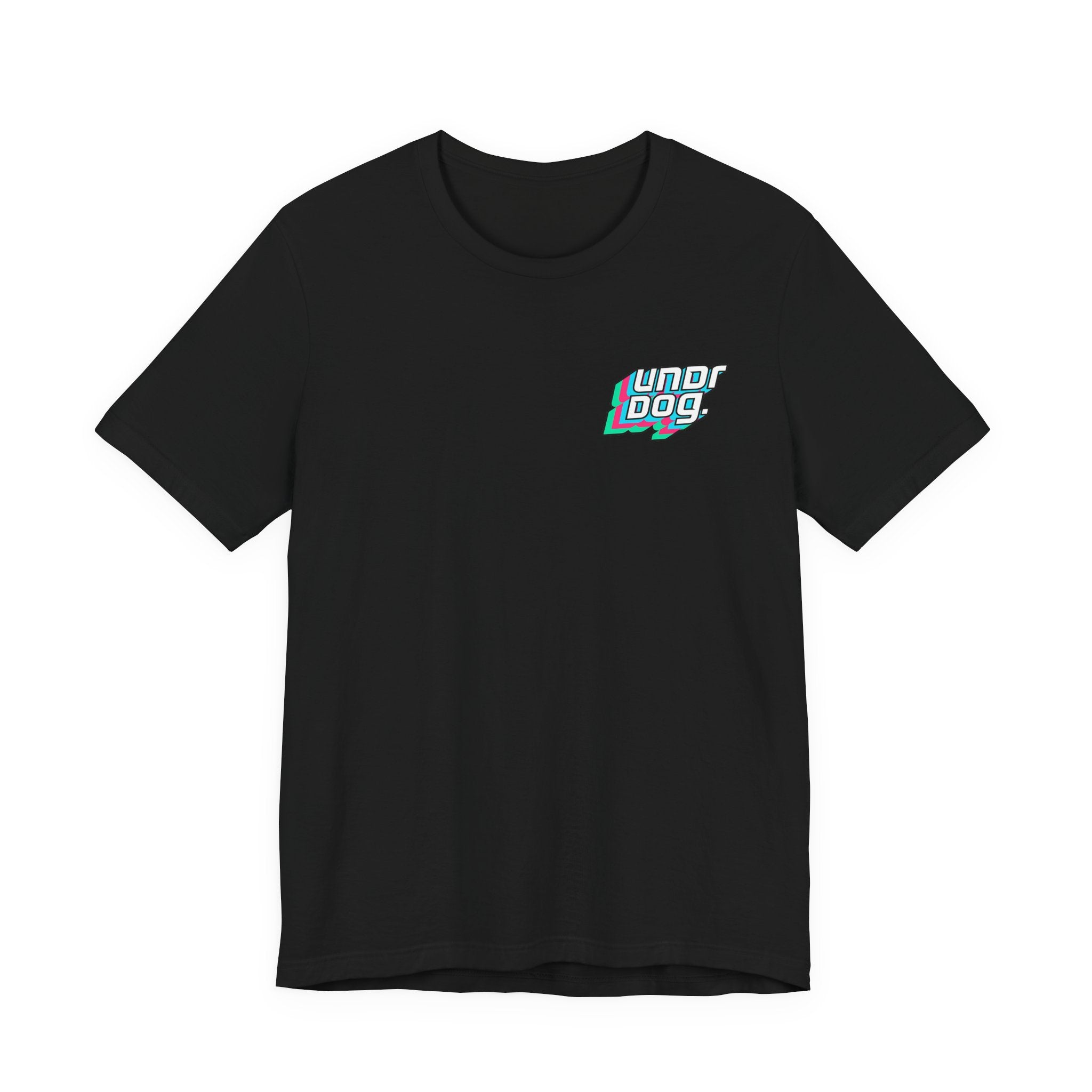 The Printify See Yourself In It Retro Sportscar Tee is a black short-sleeve shirt featuring a small “UNDRDOG.” logo in white, aqua, and pink on the left chest. Perfect for synthwave style and retro vibes. Displayed on a white background.
