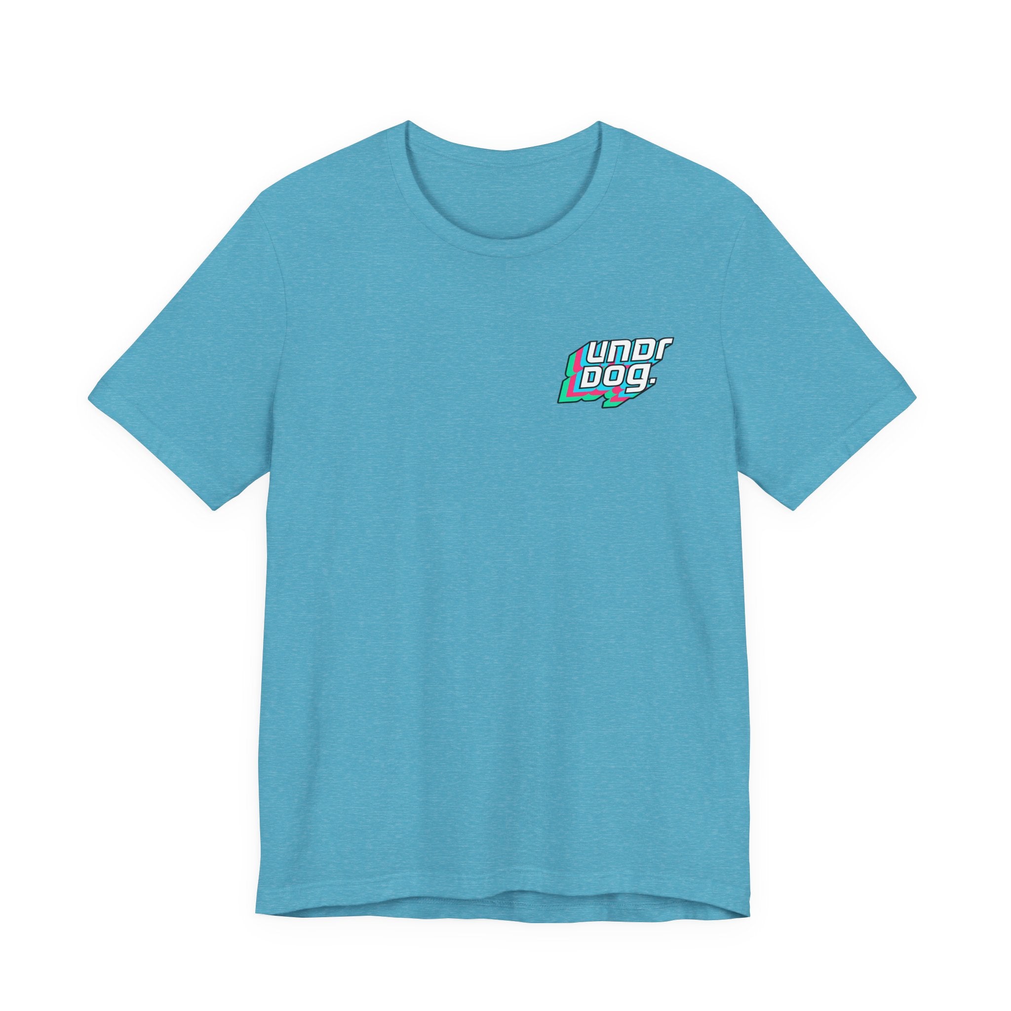 Light blue See Yourself In It Retro Sportscar Tee by Printify featuring a small, colorful "Undr Dog" graphic on the left chest, laid flat on a white background.