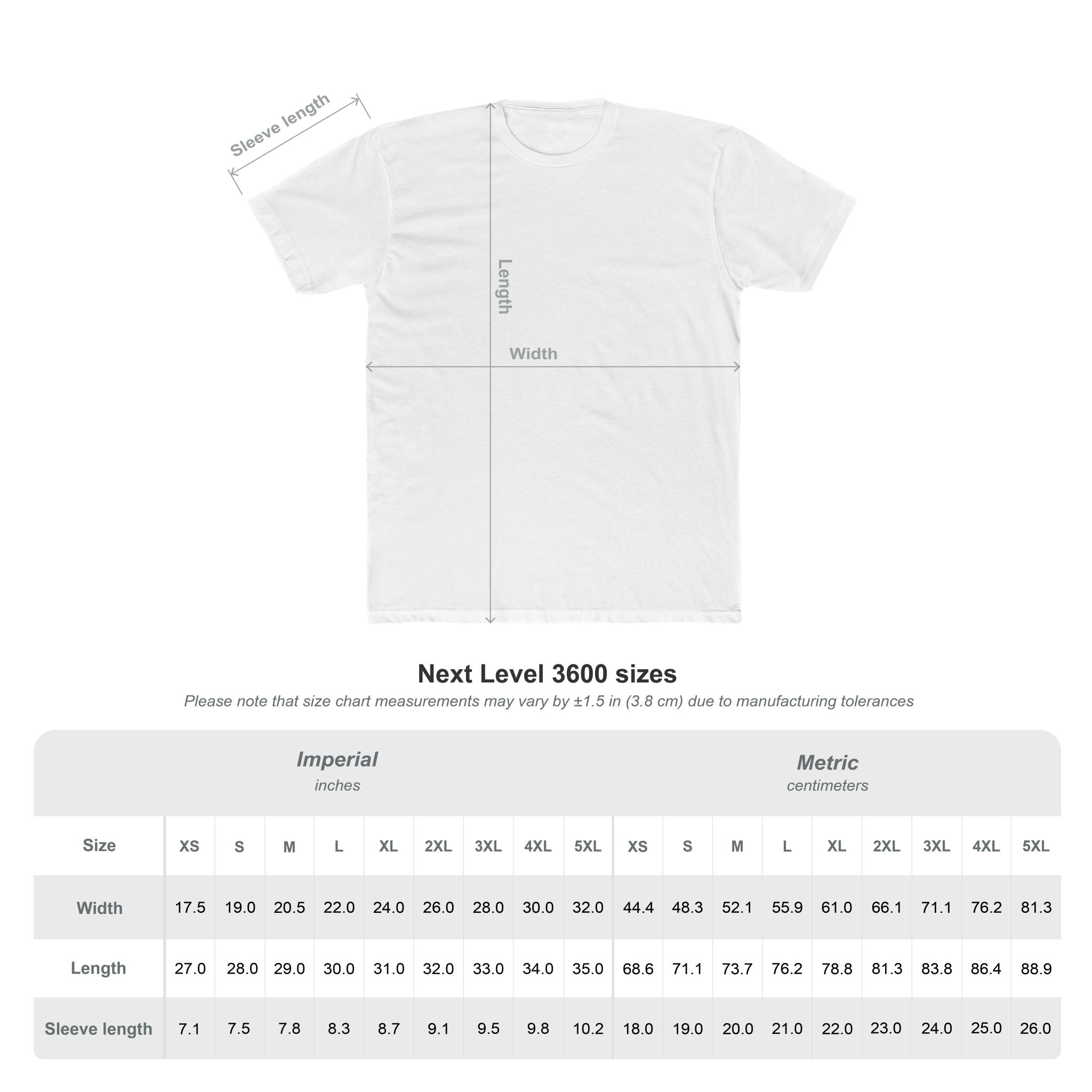 Size chart for the Underdog Country Club Golf T-Shirt – Vintage Cartoon Pup Golfing Tee by Printify, featuring a diagram with width, length, and sleeve length plus size tables (XS–5XL) in inches and cm—ideal for casual golf wear.