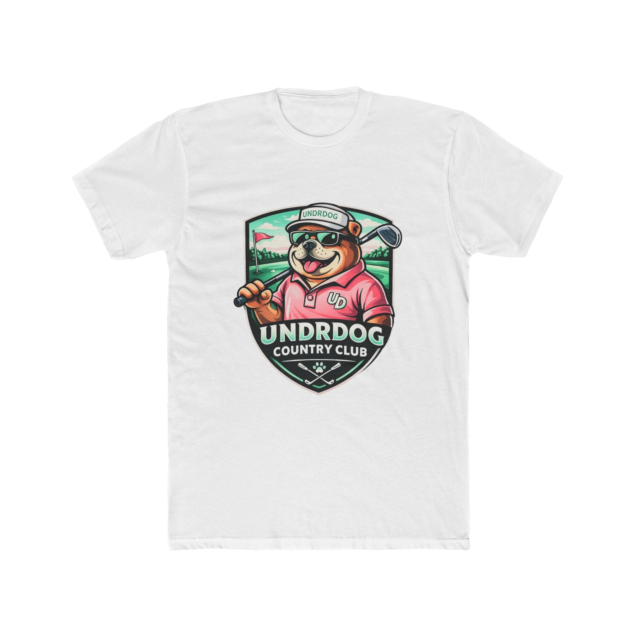 The Underdog Country Club Golf T-Shirt by Printify features a vintage cartoon dog golfer with "UNDRDOG COUNTRY CLUB" on a badge—a fun tee for golf lovers who appreciate playful style.