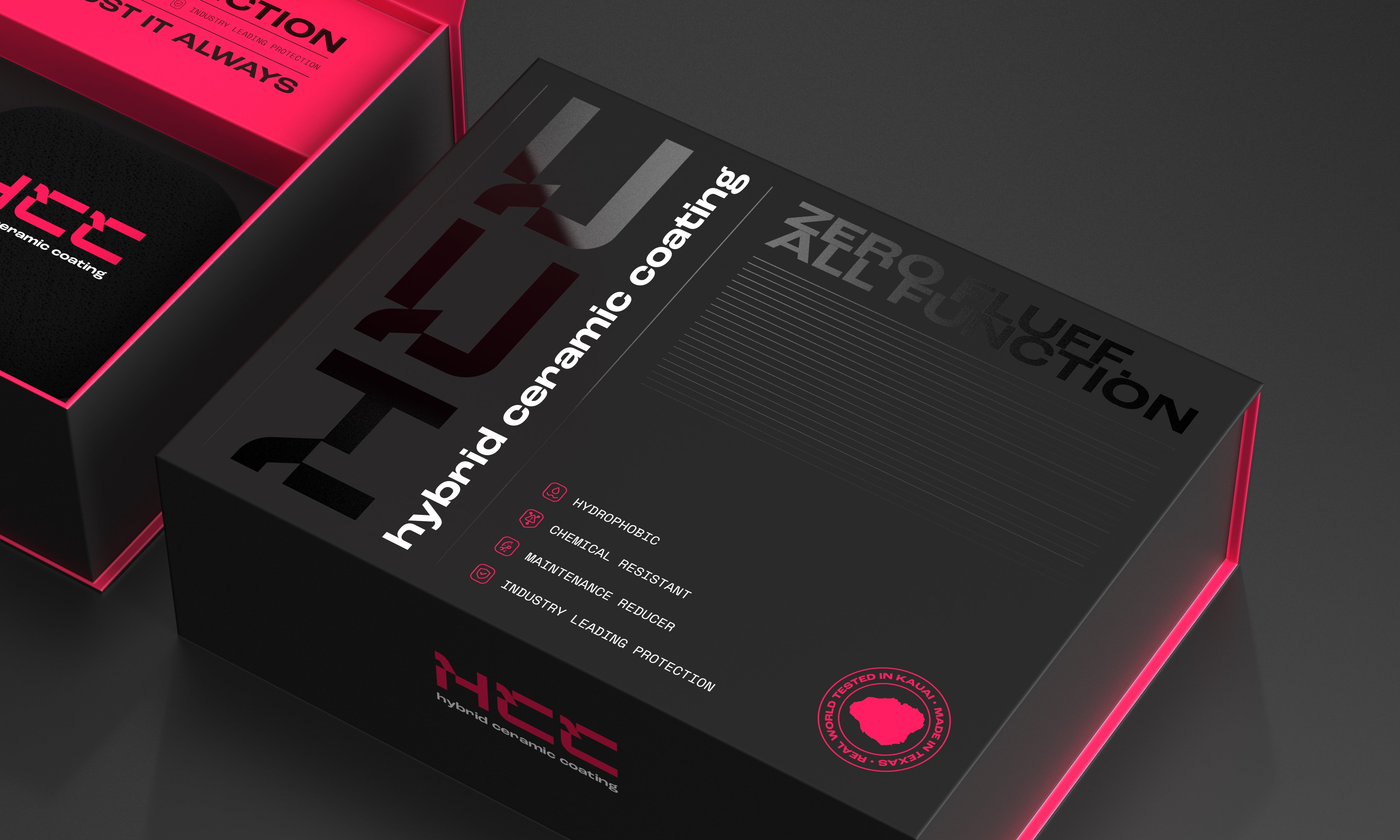A black box displays "HCC - Hybrid Ceramic Composite" and "ZERO LINT FLUFF ALL FUNCTION." by Undrdog Surface Products. Features: hydrophobic, chemical resistant, multi-layer, leather protection. The HCC logo is visible.