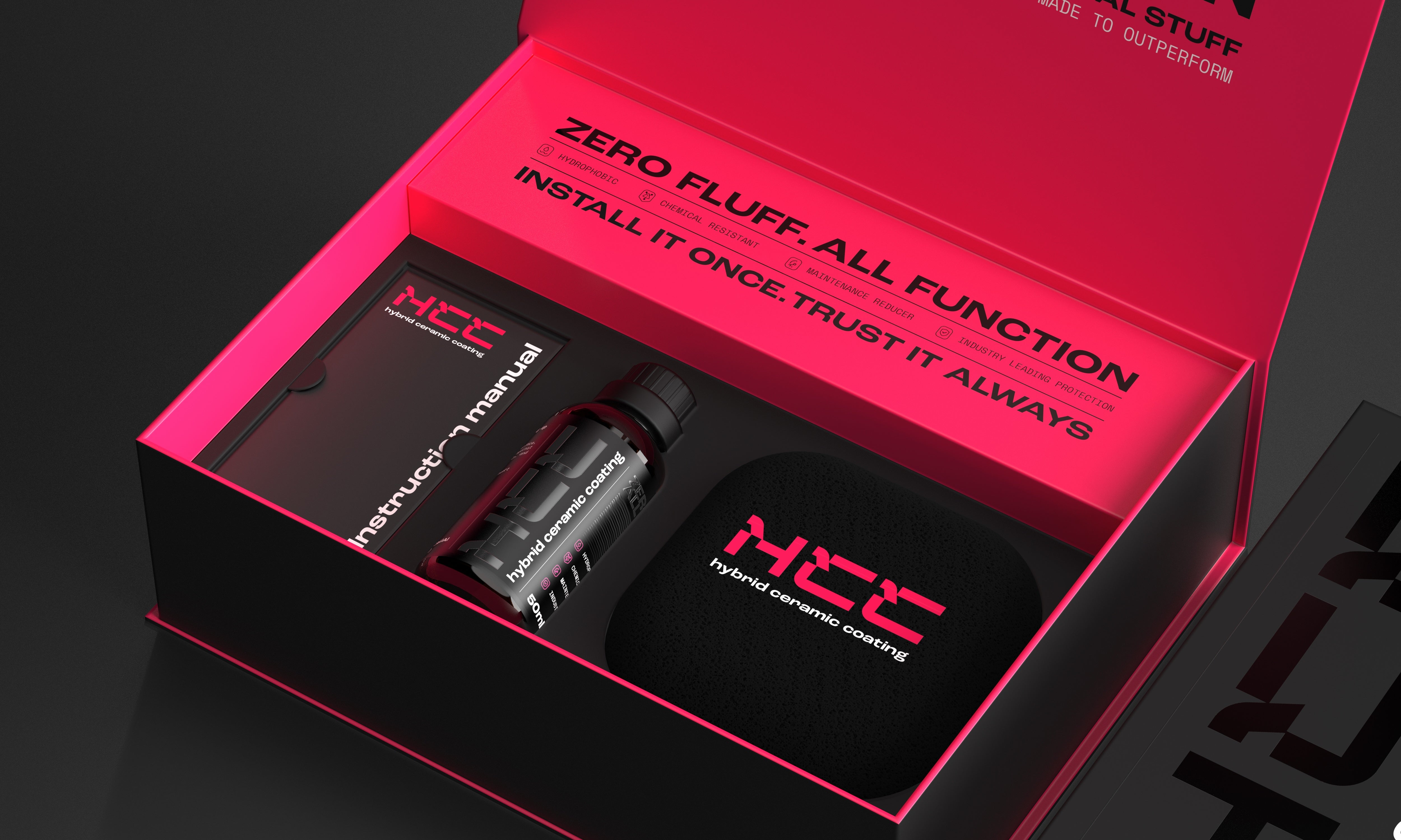 An open black and pink Undrdog Surface Products box reveals an HCC - Hybrid Ceramic Composite bottle, folded manual, and round applicator pad for pro-grade surface protection. The lid states: "ZERO FLUFF. ALL FUNCTION. INSTALL IT ONCE. TRUST IT ALWAYS.