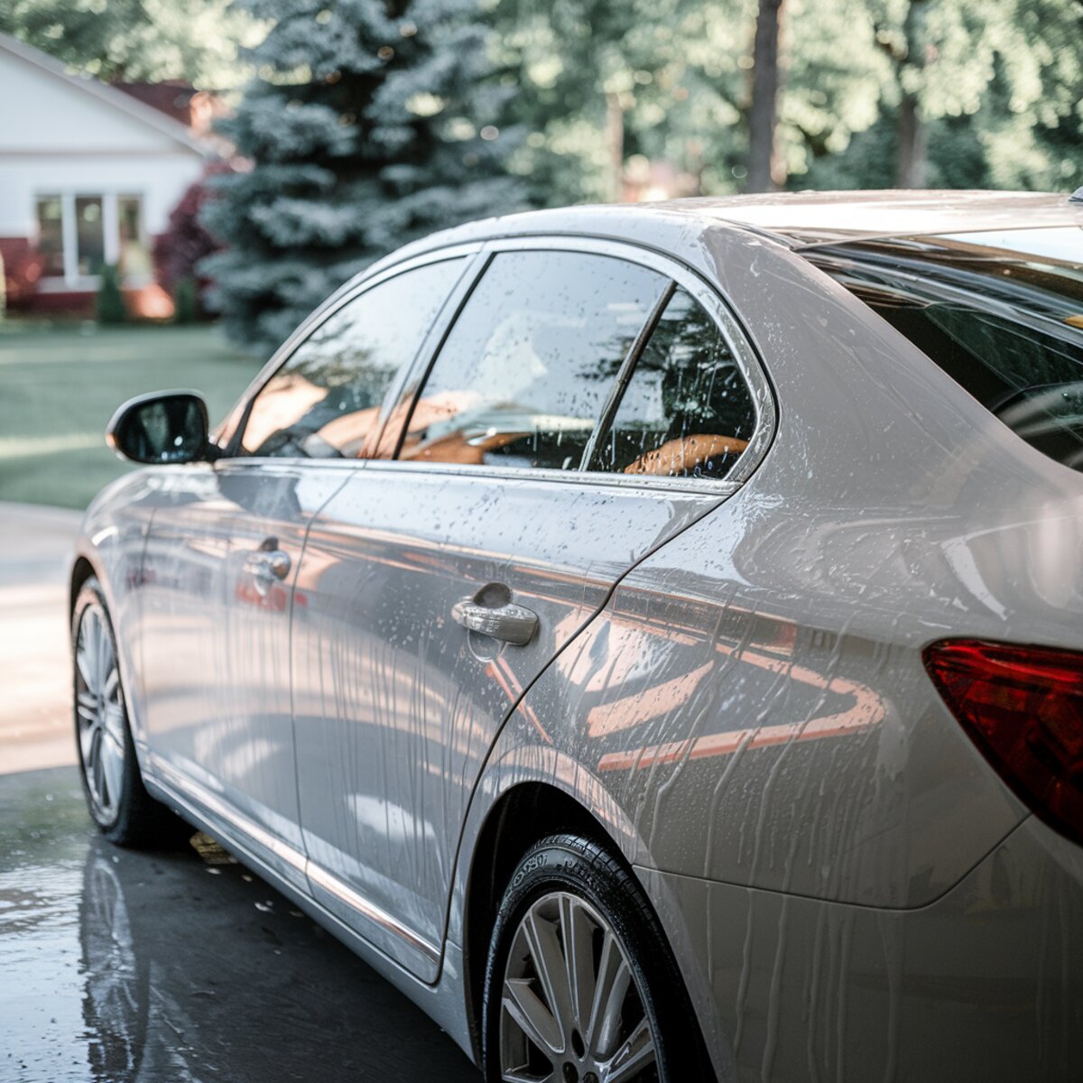 A silver sedan is covered in water and soap suds, showcasing Undrdog Surface Products' eco-friendly Rinseless Wash Concentrate. Sunlight reflects on its wet surface in a suburban driveway featuring a house, trees, and grass, suggesting a thorough yet sustainable car wash.